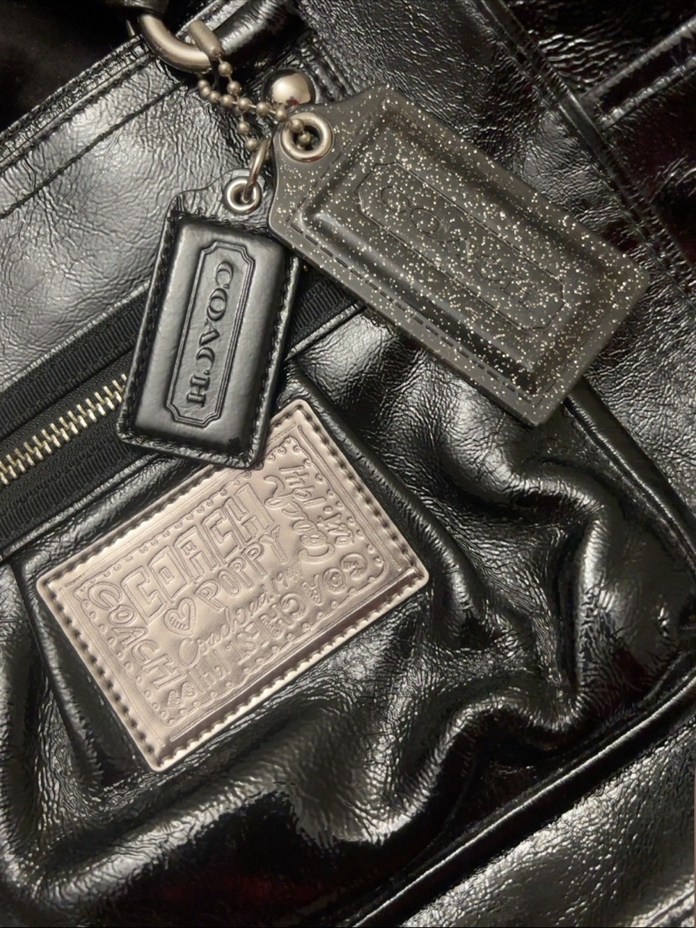 Coach Black Leather Tote with Silver and Black Tag Charms